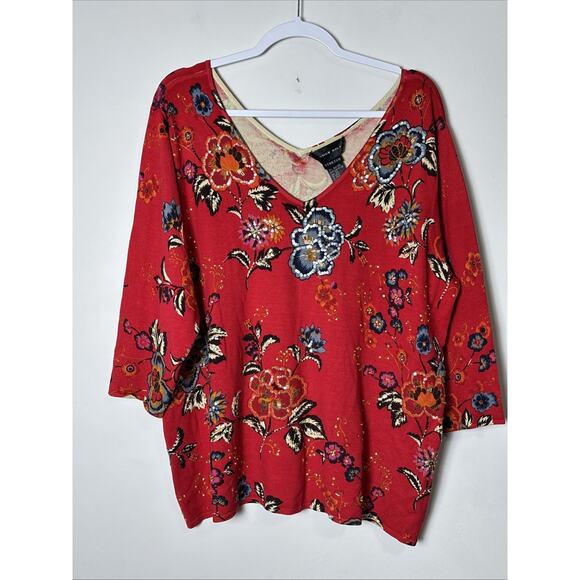 August Silk Silk Blend 3/4 Sleeve Sweater Sz 2X Beaded Sequin Floral Dressy Red - Picture 1 of 8